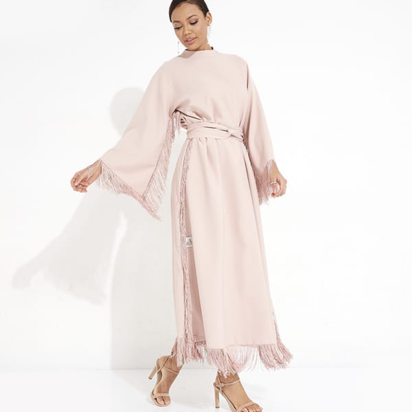 Light Peach Fringe Abaya - Casual Elegance With Fringe And Belt