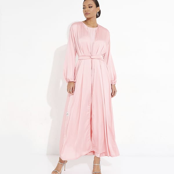 Bright Pink Abaya With Elastic Sleeves, Dress, And Belt