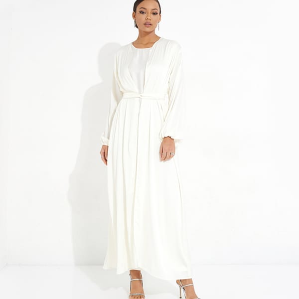 Bright Off-White Abaya With Elastic Sleeves, Dress, And Belt