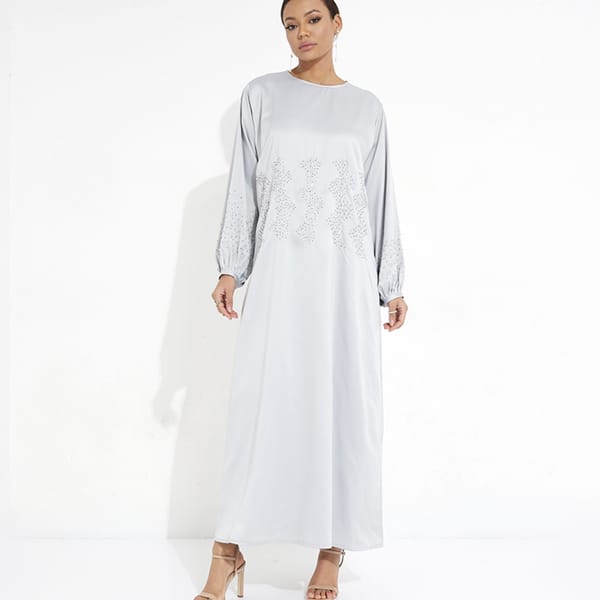 Silver Dress Stones: Elegant Silver Abaya With Shiny Stone Accents