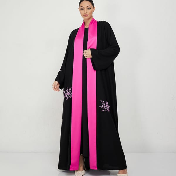 Pink-B Stones Abaya - Fuchsia Pink Hand Embroidery, Elegant Design