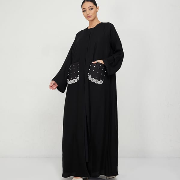 Lulu Pocket Black Abaya With Pearl White Pocket Design
