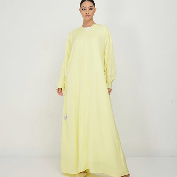 Yellow Plain Abaya With Shirt Sleeves With Buttons Design