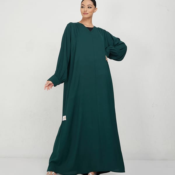 Green Plain Abaya With Shirt Sleeves With Buttons Design