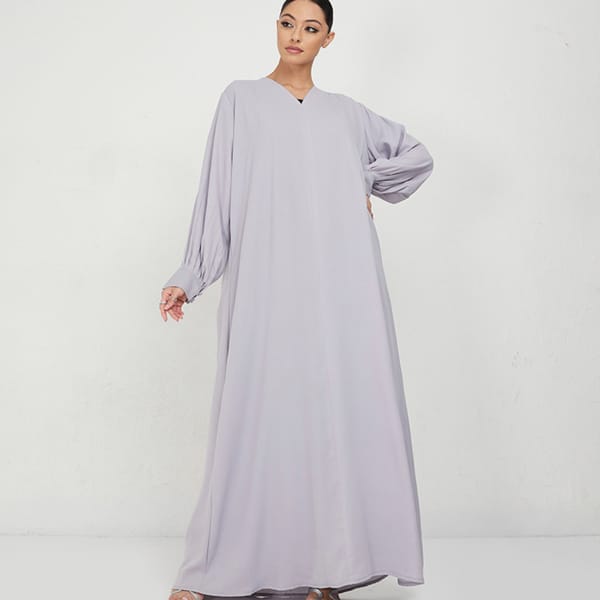 Grey Plain Abaya With Shirt Sleeves With Buttons Design