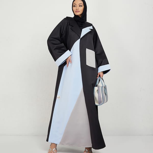 Black Abaya With Blue Cut Design & Grey Pocket