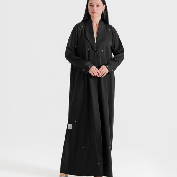 Mix Stons B Denim Abaya With Neck Design And Multicolor Hand Embroidery
