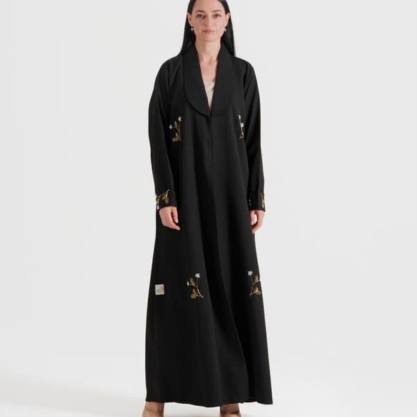 Gold Denim Abaya - Hand Embroidered With Gold Pearl Flower Designs