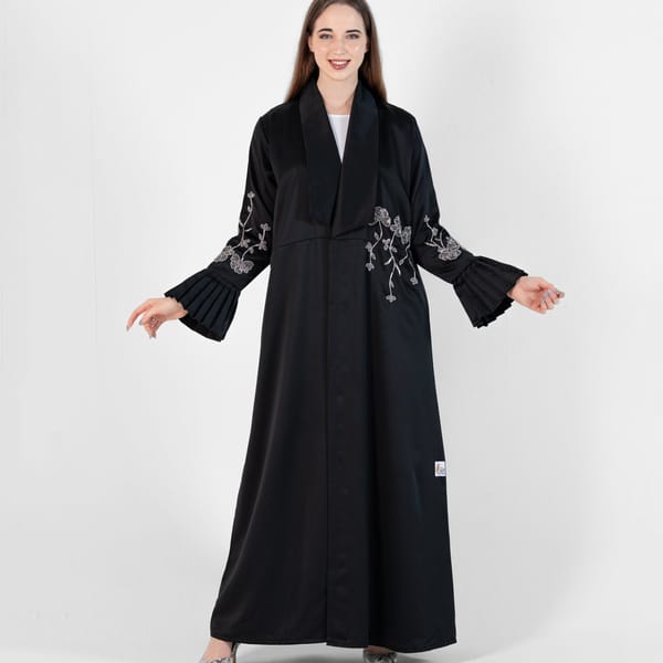 Abaya Jacket Style , Silver Flowers Embroidery , Pleated Puff Sleeves