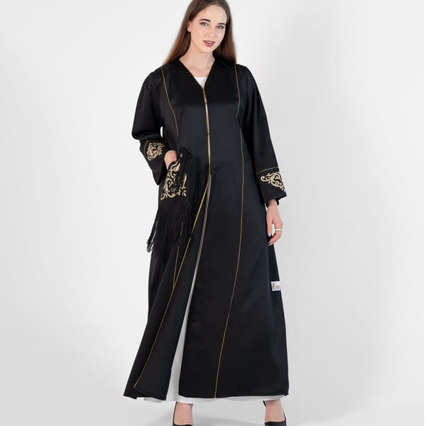 Open Abaya With Bisht Cutting Design & Gold Embroidery With Pocket Lace Design - Black