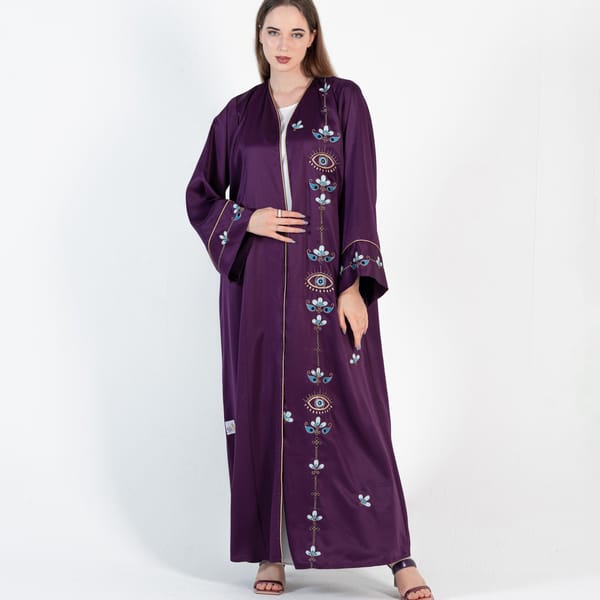 Abaya Bisht With Palm Eyes Flowers Embroidery Design - Purple