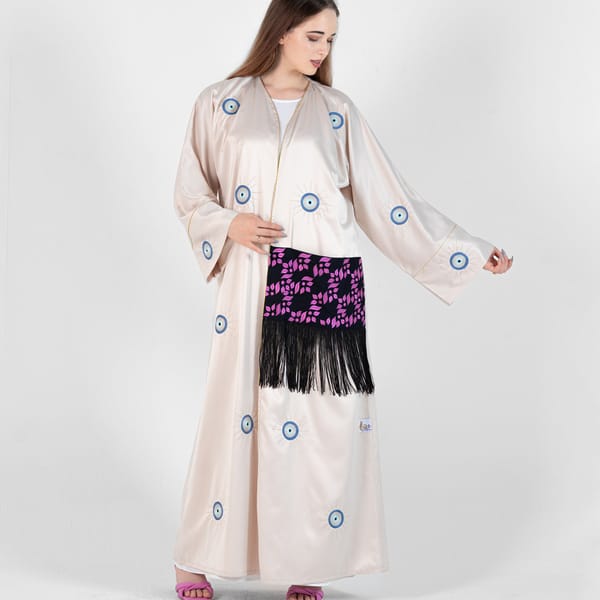Abaya Bisht With Blue Palm Eyes Embroidery Design + Pocket Design Black Lace - Beige