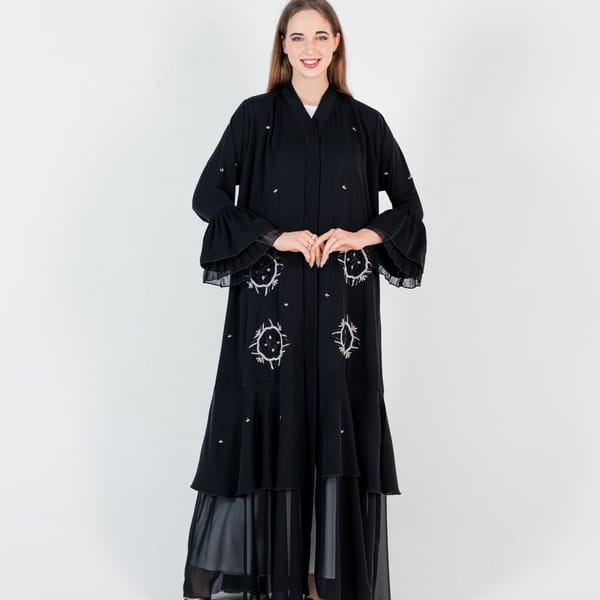 Abaya With Silver Embroidery Design And Chiffon Style - Black