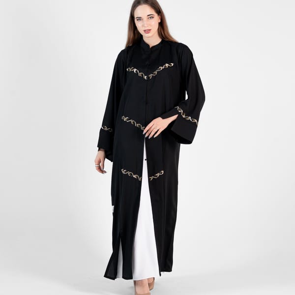 Black Abaya With Gold Nerve Design With Open Sides And High Neck
