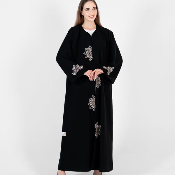 Abaya With Pink Flowers Embroidery - Black