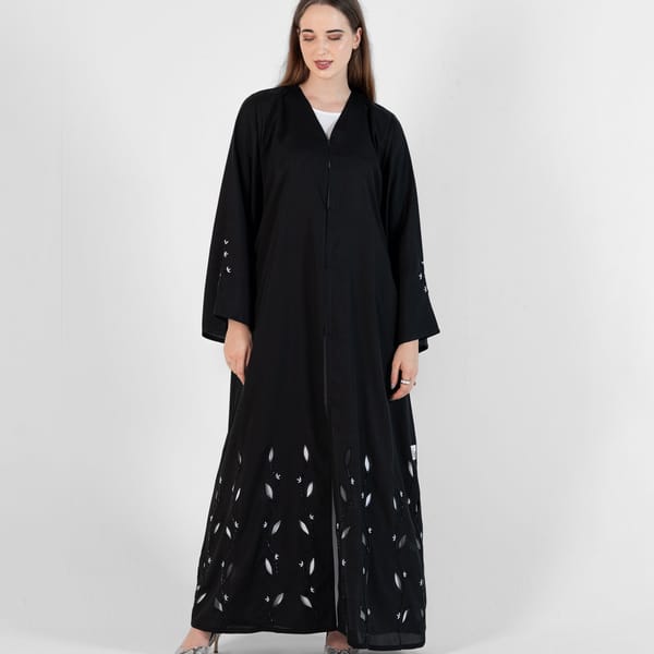 Abaya With Leaves Cutting Design With Hand Embroidery - Black