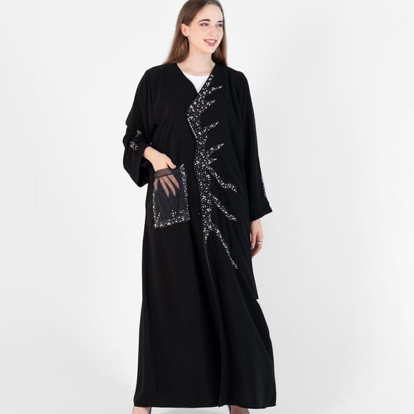 Abaya With Wave Style And Silver Hand Embroidery + Pocket Net Embroidery - Black