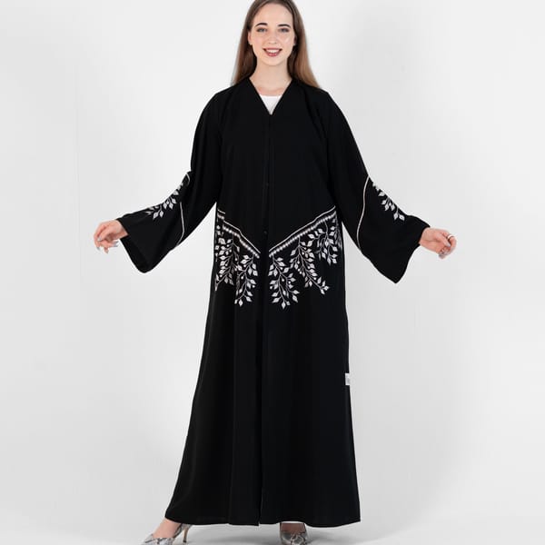 Abaya With Grey Embroidery Stitching Design - Black