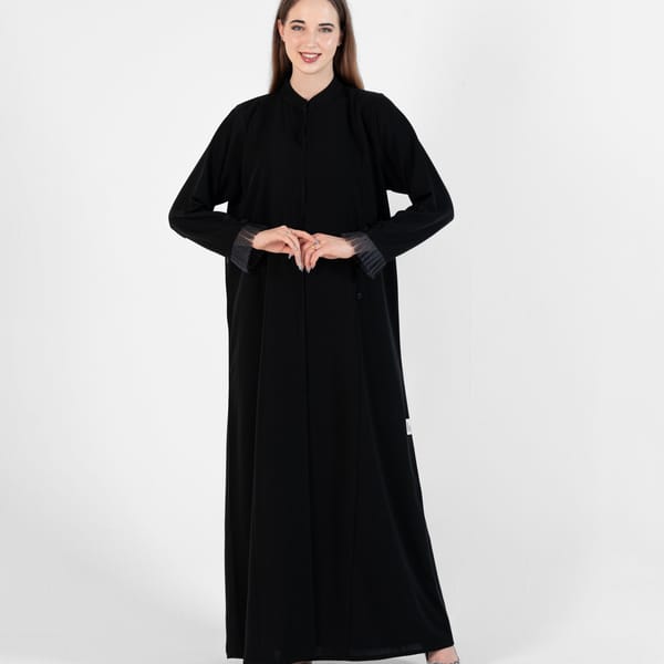 Abaya With Button Style And Pleated Design On Sleeves - Black
