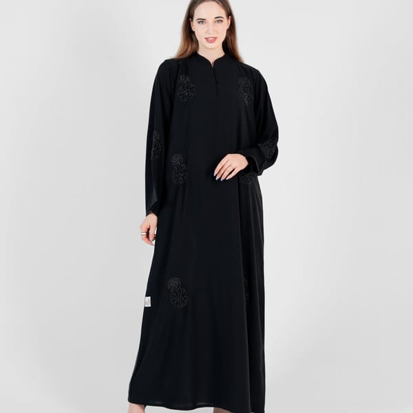 Closed Abaya With High Neck And Flowers Black Hand Embroidery With Wide Sleeves