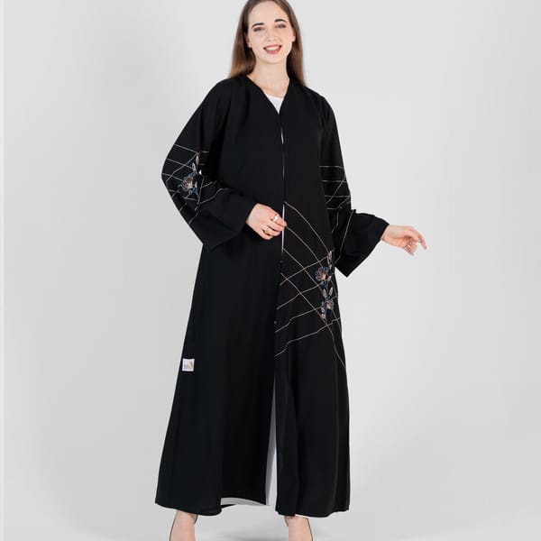 Abaya With Design Brown And Blue Hand Embroidery - Black
