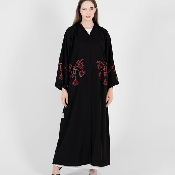 Abaya With Design Red Flowers Stitching Design - Black
