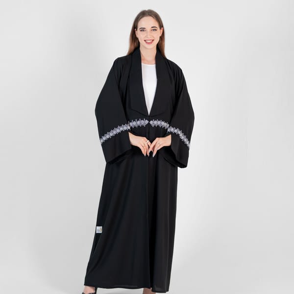 Black Abaya With Big Neck With Blue & White Hand Embroidery With Open Sleeves