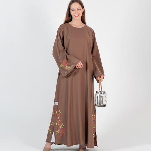 Simple Abaya On Orange Stitching Design - Brown