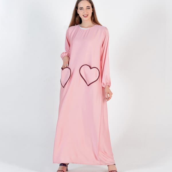 Pink Abaya With Heart Pocket Style - Elastic Sleeves