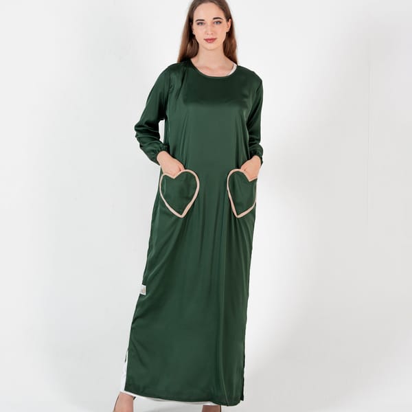 Green Abaya With Heart Pocket Style With Open Side - Elastic Sleeves