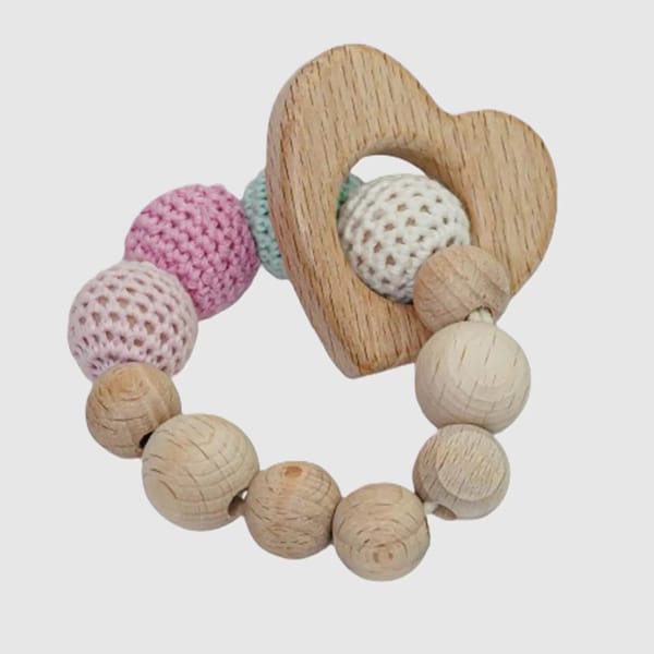 Snuggle & Play Handmade Crochet Teether With Wooden Heart Braclet