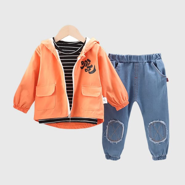 3-Piece Denim Ensemble With Striped T-Shirt, Orange Casual Jacket, And Denim Jeans