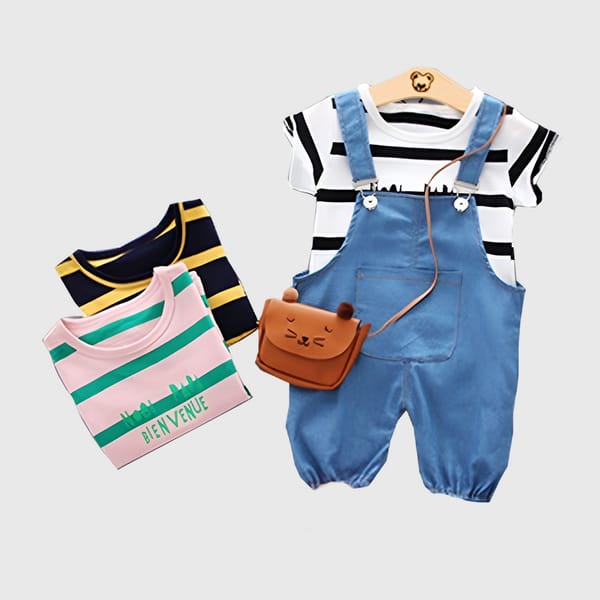 Stylish Denim Dungaree Set With Striped T-Shirt