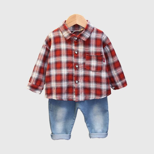 Stylish Casual Ensemble - Red Shirt With Medium Wash Denim Pant