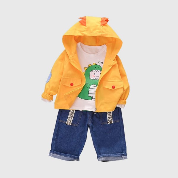 Trendy Yellow Dino Jacket Set For Kids