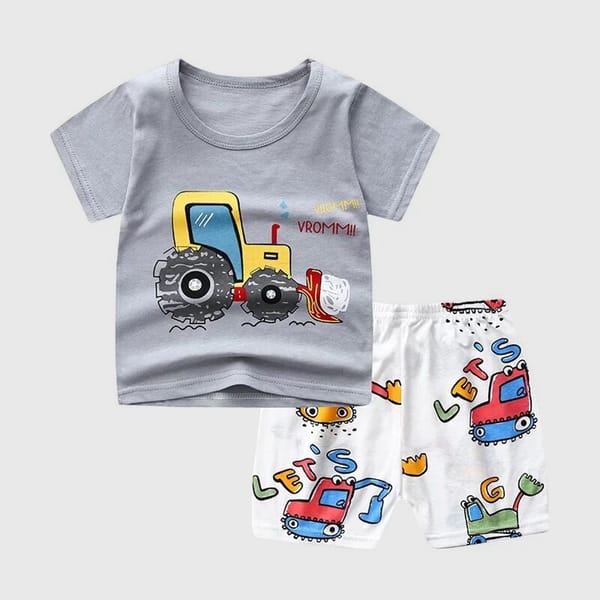 Trendy Tractor Print Shorts Set In Pure Cotton