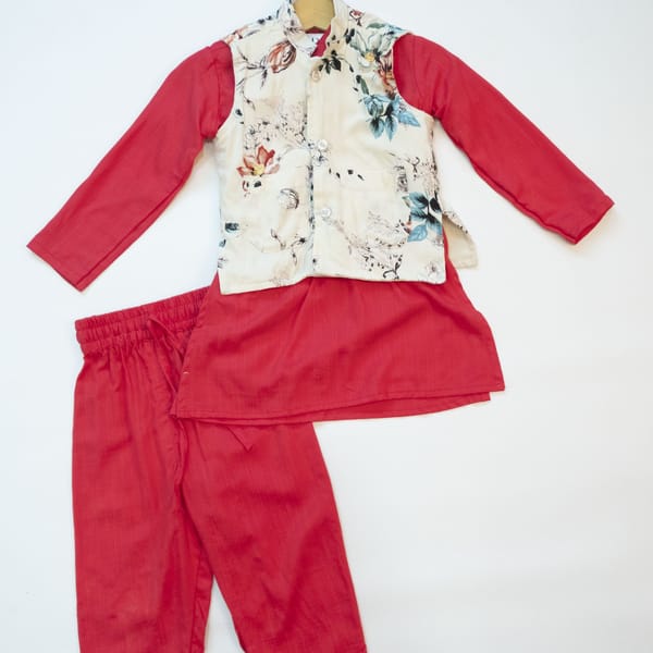 Coral Red Kurta Pajama Set With Floral Woven Jacket