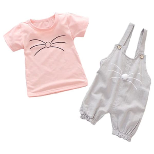 Stylish Girls' Whiskers Shorts Dungaree Set In Grey/Pink