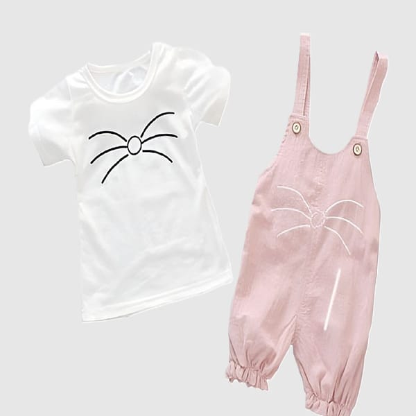 Stylish Girls' Whiskers Shorts Dungaree Set In White/Pink
