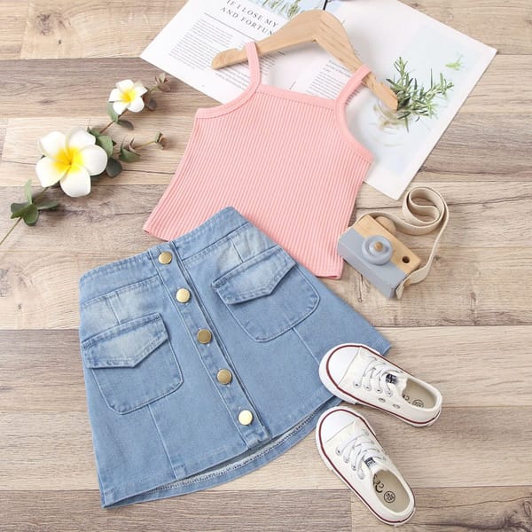 Myra Pink Ribbed Cotton Spaghetti Top With Denim Skirt
