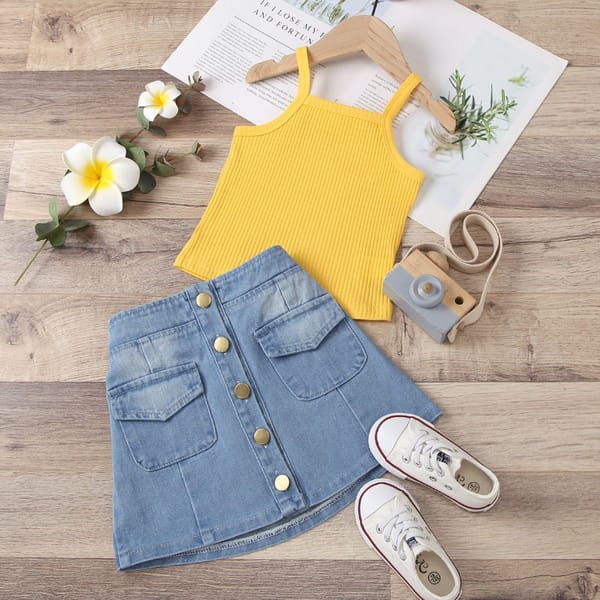 Myra Yellow Ribbed Cotton Spaghetti Top With Denim Skirt