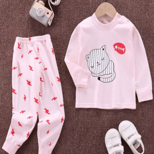 Dreamy Pink Cat Pajama Set In Pure Knitted Cotton