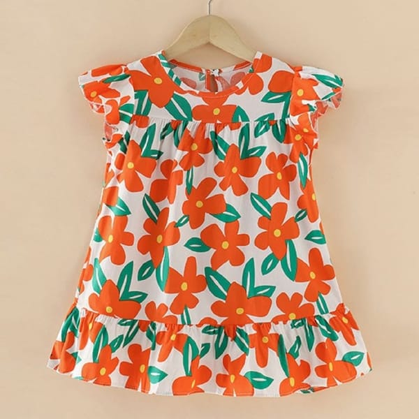 Katherine Dress – Pure Cotton Floral Orange Print With Flutter Sleeves