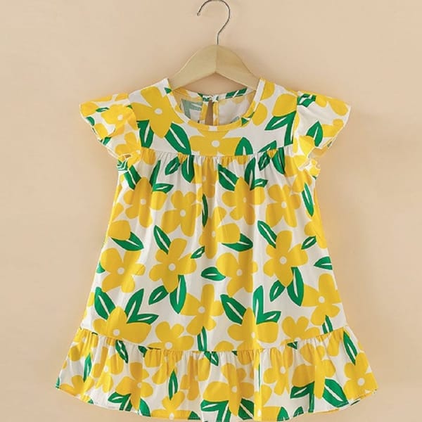 Kathrine Dress – Pure Cotton Floral Yellow Print With Flutter Sleeves
