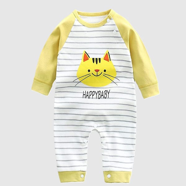 Stylish Yellow And White Striped Happy Baby Print Jumpsuit
