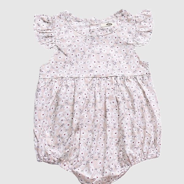 Stella Romper Beige Boysuit With Printed Flowers In Pure Cotton