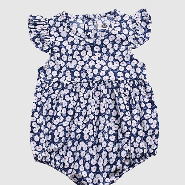 Stella Romper Blue Boysuit With Printed Flowers In Pure Cotton
