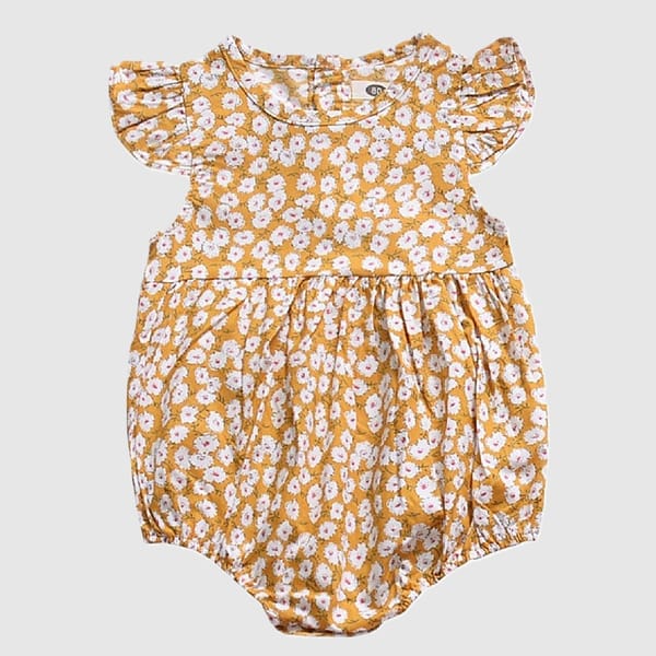 Stella Romper Mustard Boysuit With Printed Flowers In Pure Cotton
