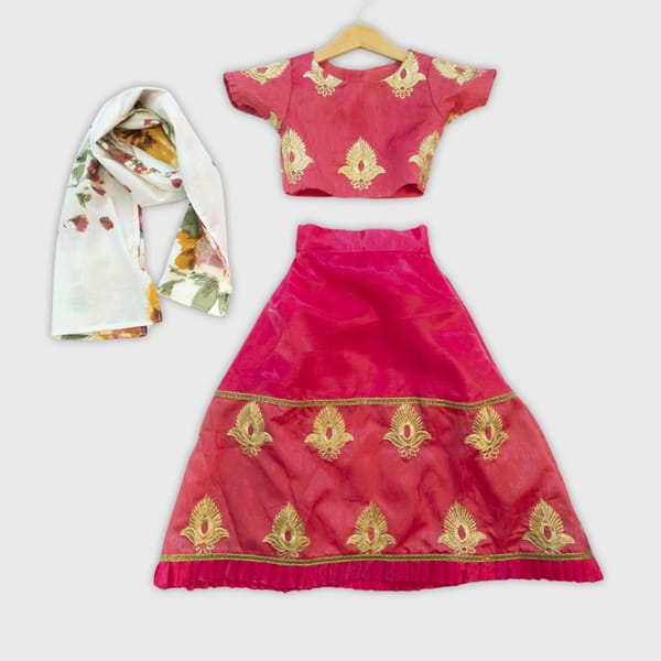 Embroidered Coral Red Lehenga With Floral Dupatta