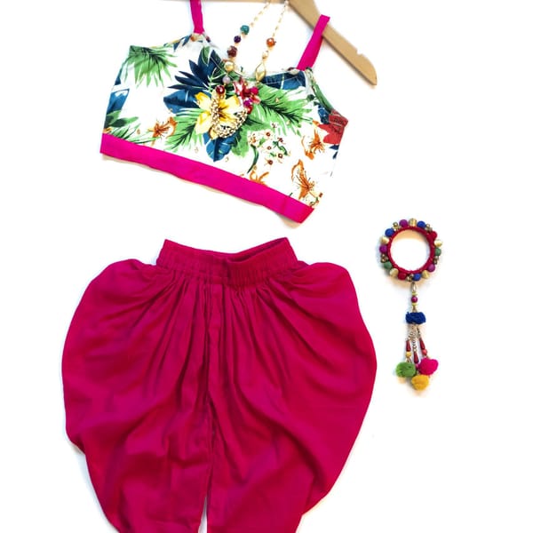 Hot Pink Spagetti Crop Top With Plain Bottom Dhoti
